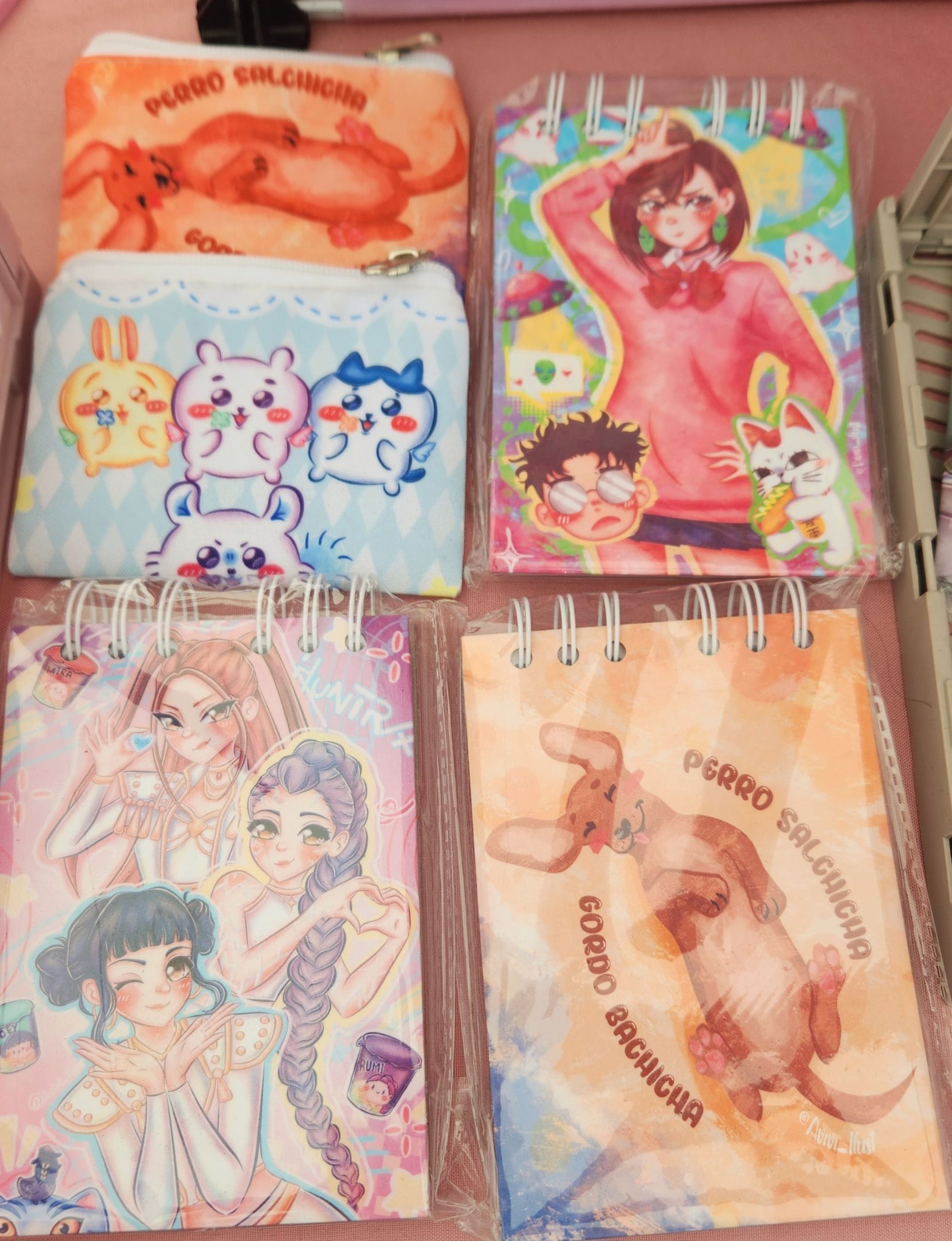 En esta foto se ven libretas y monederos por la ilustradora Javiera. 