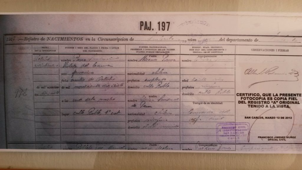 Registro de nacimiento de Violeta Parra.