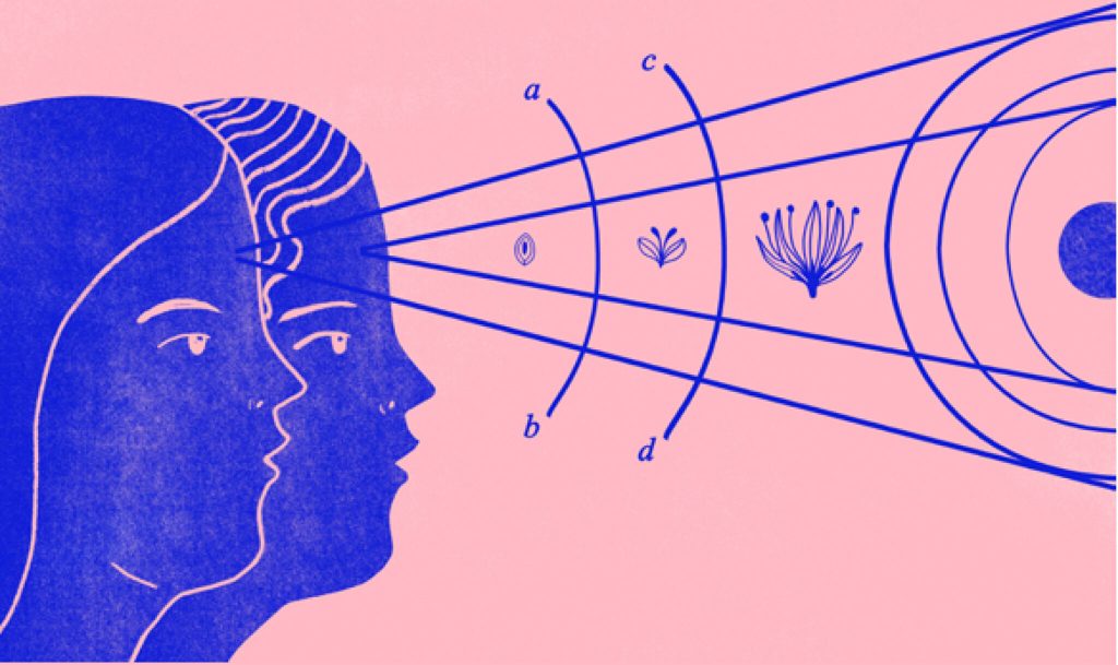 Un fondo rosado con el perfil de dos mujeres que conectan en sus pensamientos a través de la naturaleza.