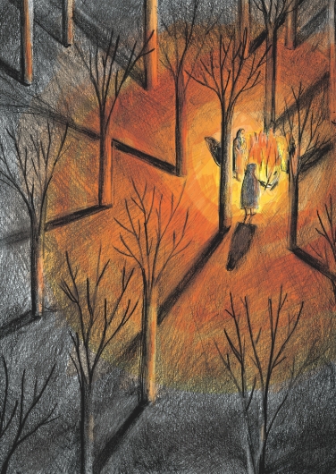 Dos mujeres al rededor de una fogata que ilumina todo de rojo en un bosque de árboles talados.