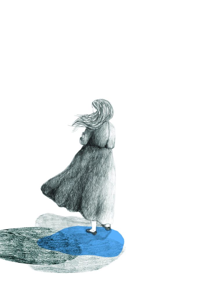 Una mujer de espaldas sobre su propia sombra, con un viento que avanza hacia la izquierda.