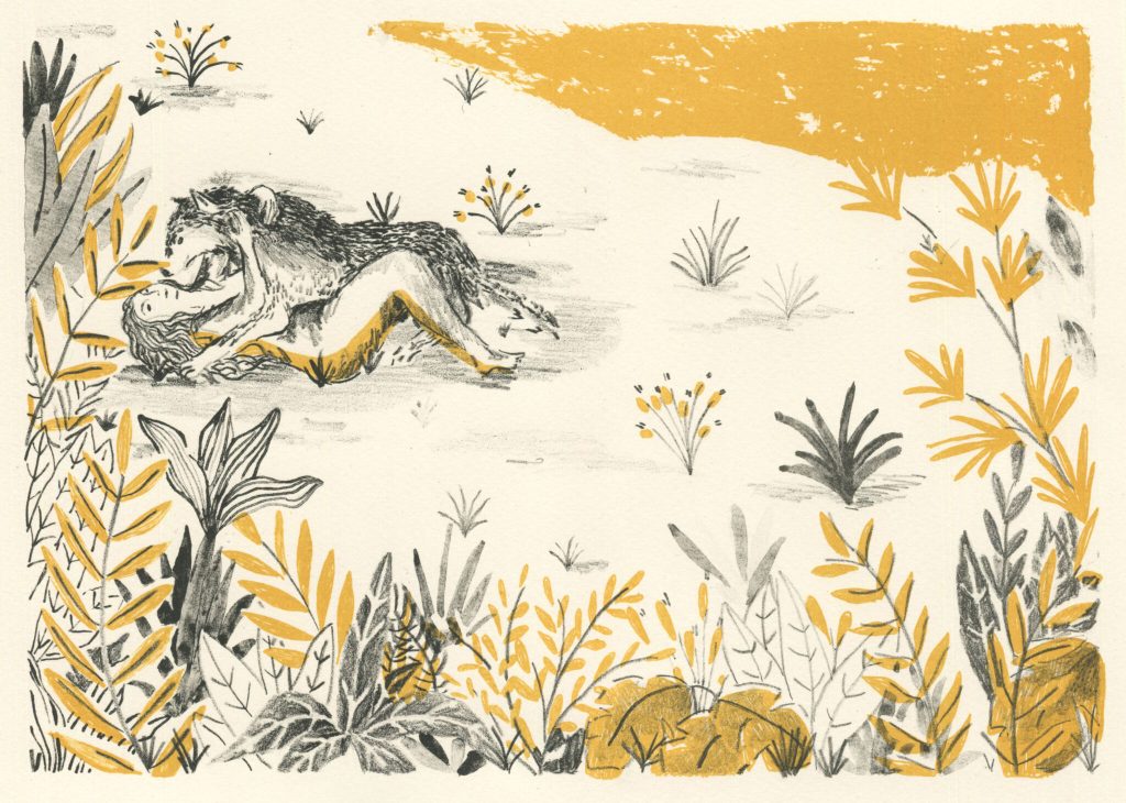 Un terreno de colores amarillos y blanquecinos, con maleza y un cuerpo tendido en medio de la nada.