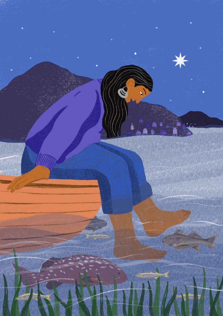 Una mujer sobre una canoa, con los pies bajo el agua y el fondo de una noche estrellada.