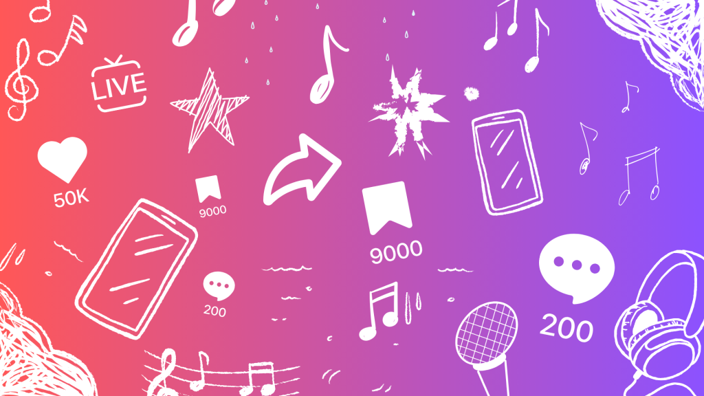 Ilustración sobre un fondo rosa y púrpura, que combina iconos de redes sociales (likes, shares, comentarios) con elementos musicales (notas, micrófono, auriculares) y smartphones, representando la interacción musical digital y las transmisiones en vivo.
