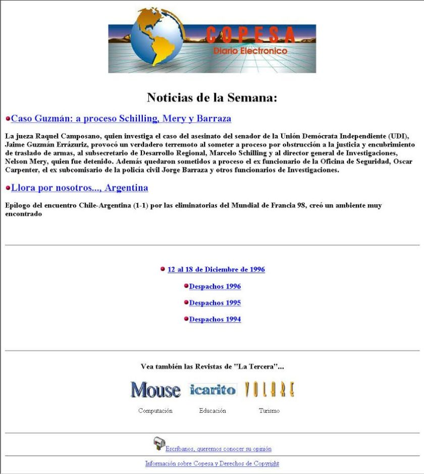 Sitio web de La Tercera en sus inicios. La interfaz es bastante simple.