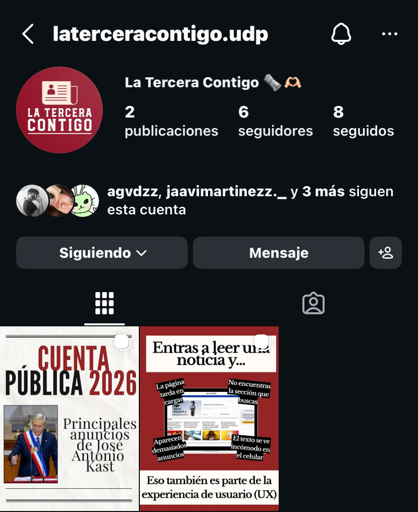 Captura de pantalla de la cuenta de Instagram de @laterceracontigo.udp, nuestra red social.