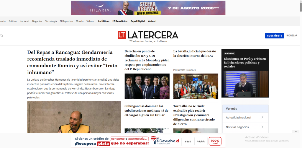 imagen de la portada de la página web de La Tercera.