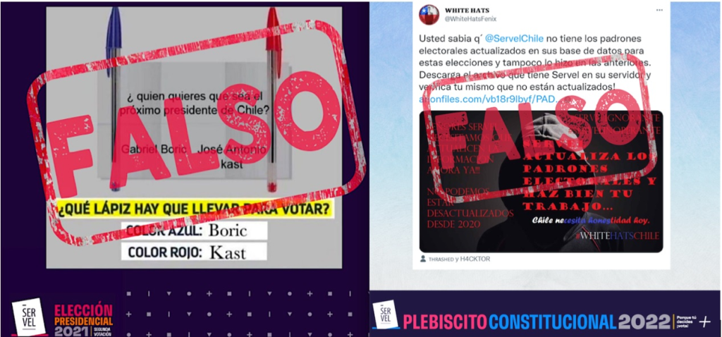La imagen muestra dos noticias falsas sobre las votaciones presidenciales de Chile, difundidas en redes sociales.