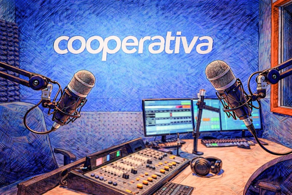Imagen generada mediante inteligencia artificial. Se ambienta en el estudio de Radio Cooperativa, en el cual se observan dos micrófonos de brazo articulado, dos monitores y una consola de audio