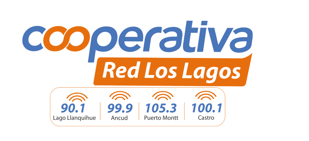 Logo de Radio Cooperativa de su red perteneciente a la región de Los Lagos. Las emisoras que se observan son "Lago Llanquihue 90.1", "Ancud 99.9", "Puerto Montt" y "Castro 100.1"