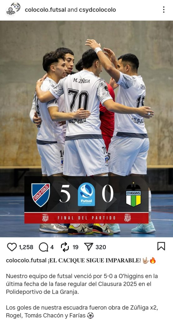 En esta imagen se muestra una publicación de colo colo Futsal, donde se muestra el resultado del partido, el cual fue 5-0 a favor de los albos. La publicación tiene 1250 likes y muestra una foto de los jugadores del cacique celebrando.