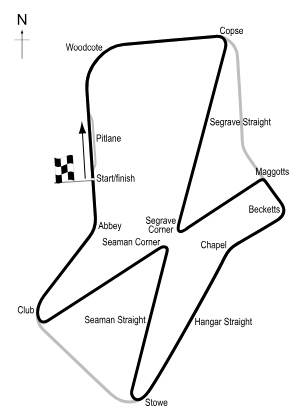 En la imagen se ve el diseño del circuito de sivlerstone para la primera carrea de su historia en 1948.