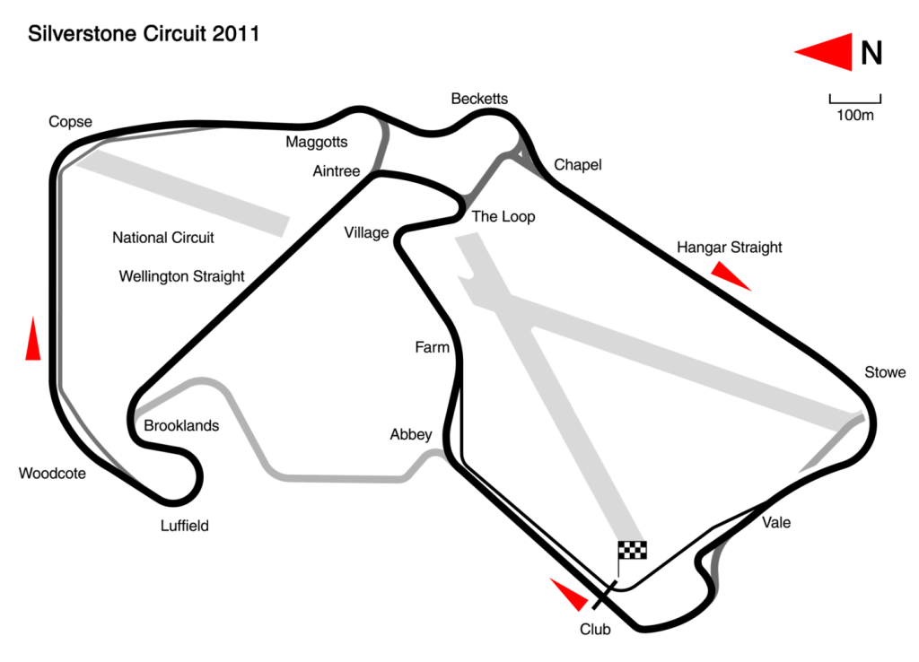 En la imagen se ve el diseño del circuito de SIlverstone usado desde el 2011 hasta la actualidad. 
