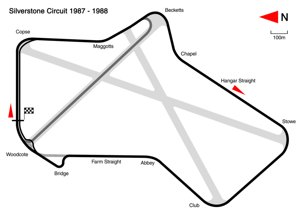 En la imagen se ve el diseño usado para la pista de Silverstone entre 1987 y 1988.