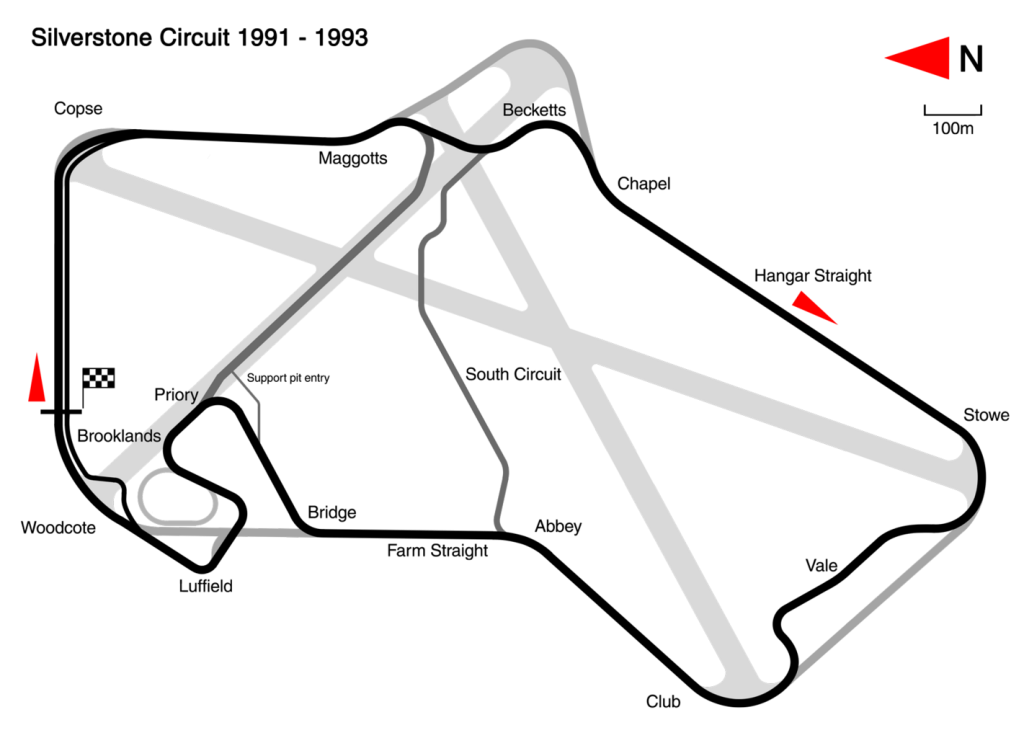 En la imagen se ve el diseño del circuito de Silverstone usado entre 1991 y 1993.
