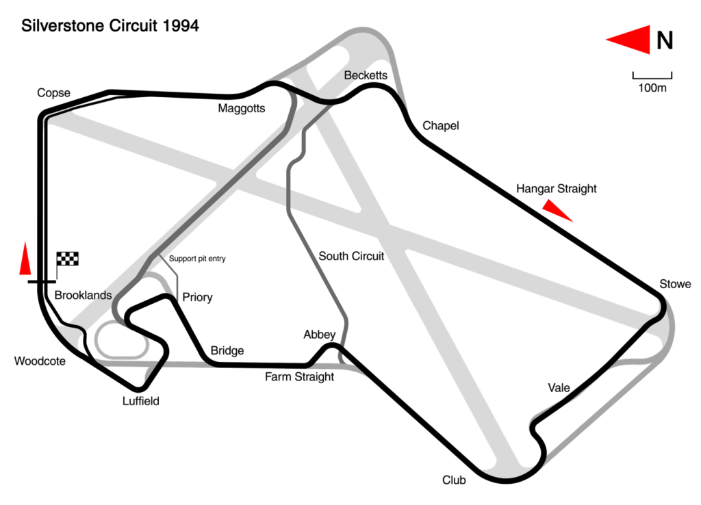 En la imagen se ve el diseño del circuito de Silverstone usado de 1994 al año 2000.