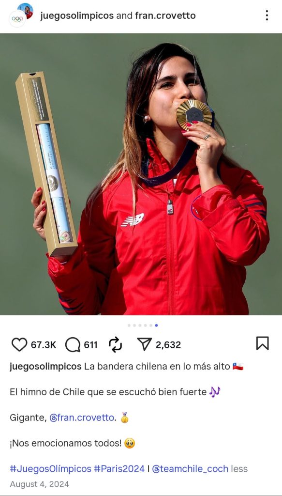 imagen se ve la publicación de Instagram de los @juegosolímpicos el día 4 de agosto cuando Francisca Crovetto logró el oro olímpico.